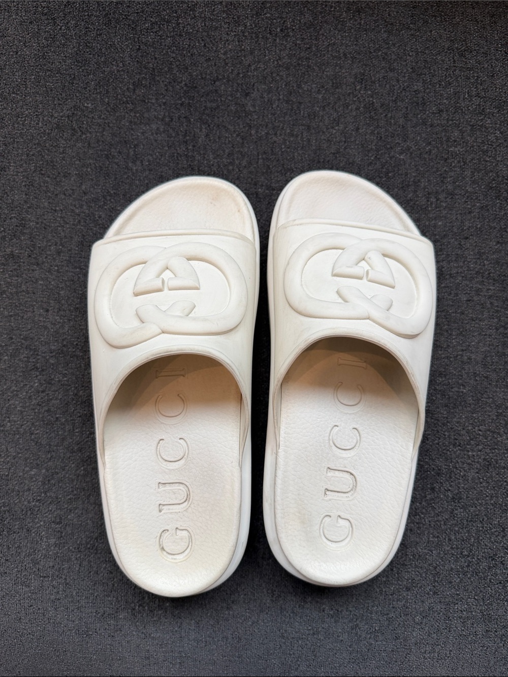 Gucci White Rubber Slide Sandals with Raised GG Logo